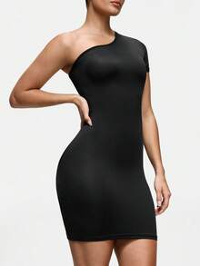 SHAPORA Fitted Asymmetric T-Shirt Nightgown For Women - Black - View 5