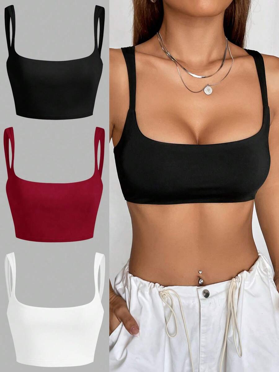 SHEIN EZwear 3件套女士露脐吊带背心套装,情人节多件吊带背心组合装 - 彩色 - 查看 1