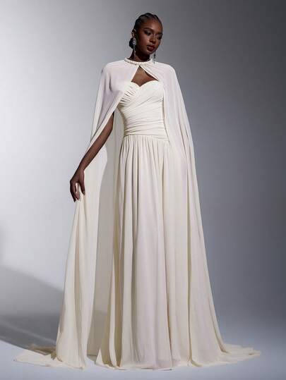 Elitara Elegant, Romantic, Fashionable Apricot Chiffon Halter Shawl Ruched Decor A-Line Dress, Elegant Party Dress, Wedding Guest Dress, Apricot Dress, Fashionable And Elegant Bridesmaid Dress