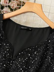 SHEIN Clasi Plus Size Glitter Pattern Elegant Short Sleeve Dress - Black - View 3