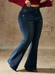 Truni Quần jeans ống loe dáng rộng, màu trơn, rách nhẹ, có túi, dành cho dáng người quả lê và tam giác. - Màu xanh lam - Xem 7