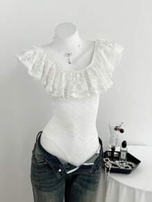 Elamini Women's Sexy White Lace Lingerie Bodysuit, Valentine's Day - White - View 6