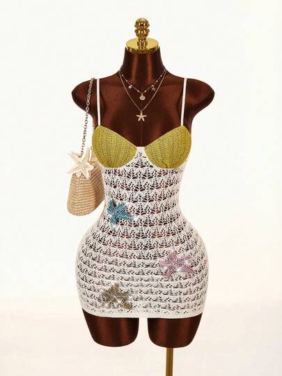 Amplova Romantisk semesterklänning med låg urringning och glittrigt stickat sjöstjärnmönster, halvtransparent söt miniklänning för kvinnor