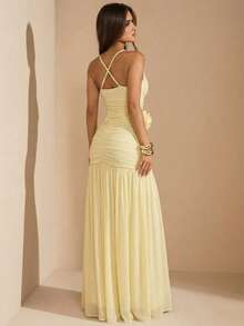 SHEIN BAE 纯色黄色奶油色无袖褶皱网纱长款优雅连衣裙，适合鸡尾酒会、浪漫约会、聚会、正式活动、伴娘礼服、夏季连衣裙、下午茶会连衣裙、圣诞节连衣裙、新年连衣裙、情人节连衣裙。 - 黃色 - 查看 3