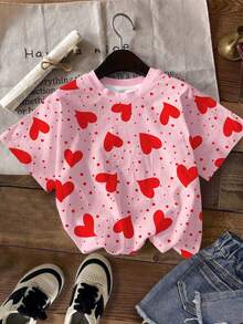 少女波点爱心印花宽松休闲圆领T恤，适合夏季、日常穿着和返校季。 - 彩色 - 查看 2