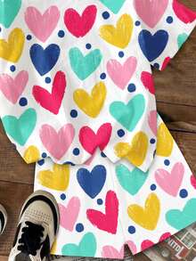 2件套少女休闲可爱爱心印花短袖T恤短裤套装，适合夏季穿着