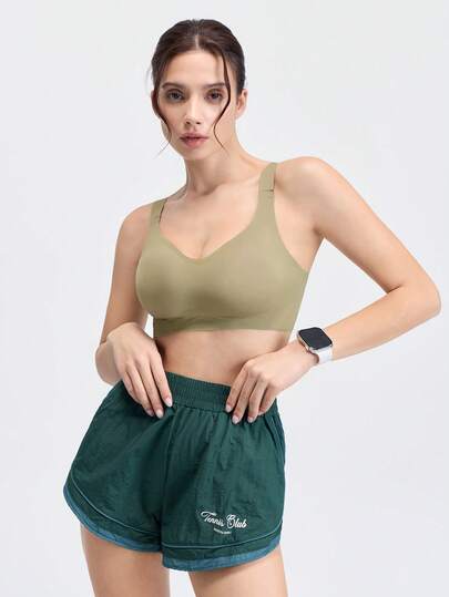 1 件休闲舒适绿色无线无缝女士文胸，简约纯色无线文胸