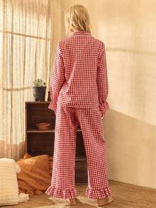 Lullawish Bohemian Style Printed Cotton Woven Lantern Sleeve Women Pajama Set - Red and White - View 2
