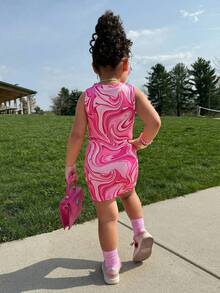 少女休闲运动风针织圆领爱心印花无袖连衣裙，春夏款