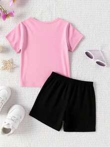 Young Girl Casual Cartoon Pattern Round Neck Short Sleeve T-Shirt And Shorts Set, Summer - Multicolor - View 2