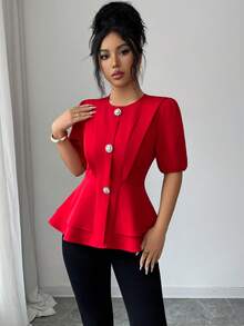 Selianne Women's Elegant Red Summer Party Blouse, Ruffled Collar A-Line Decorated Lantern Sleeve Short Top,Casual Commuting,Vacation,Valentine's Day - Red - View 4