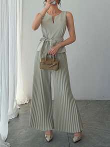 DAZY 女士优雅纯色系带吊带背心和阔腿裤两件套，夏季婚礼宾客礼服 - 綠色 - 查看 7