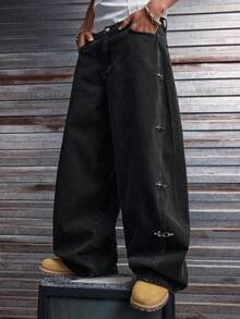 AXEPEAK Quần jeans denim nam màu đen và xám bạc màu, có khóa hình máy bay, kiểu dáng thời trang. - Xám - Xem 4
