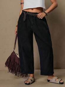 Freevana Quần jeans ống rộng, màu trơn, cạp chun kiểu túi giấy, cỡ lớn, có túi. - màu đen - Xem 1