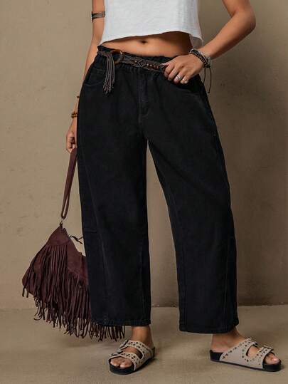 Freevana Plus Size Solid Color Paper Bag Waist Loose Fit Jeans With Pockets,Valentine's Day,Summer,Carnival,Beach,Party,Elegant Party Dress,Going Out, Plus Size Casual Washed Vintage Wide Leg Jeans Casual Street Patchwork Pocket Loose Wide Leg Jeans Women Jeans Baggy Loose Jeans Casual Everyday Washed Slant Pocket Loose Fit Jeans