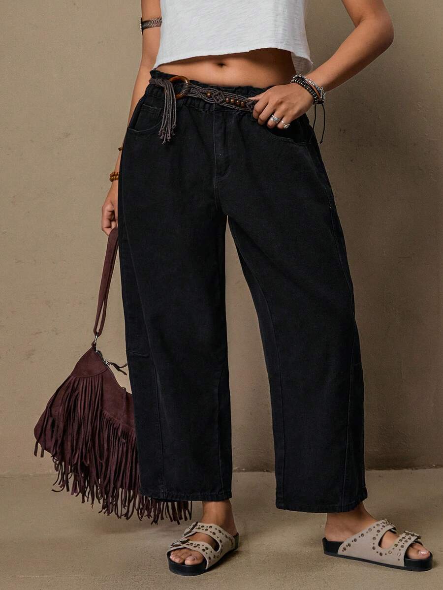 Freevana Quần jeans ống rộng, màu trơn, cạp chun kiểu túi giấy, cỡ lớn, có túi. - màu đen - Xem 1