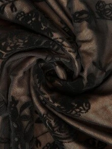 SHEIN Tall 黑色植绒垂褶领系带长裙，适合秋冬季节，可作圣诞节、伴娘礼服、婚礼季蕾丝长裙、黑色长裙、正式邮轮晚宴礼服 - 黑色 - 查看 10