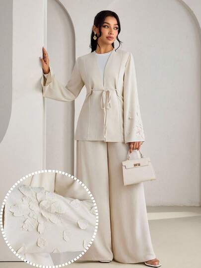 Veilorie Women's V-Neck Applique Waist Tie Design Flare Sleeve Top And Elastic Waist Wide Leg Pants Casual Commuter Suit