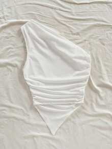 Soleia 95% Cotton Women Asymmetric-Shoulder Top, Suitable For Summer Vacation - White - View 2