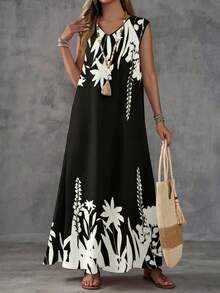 EMERY ROSE Đầm dài không tay dáng suông in hoa dành cho nữ, thích hợp cho kỳ nghỉ và các dịp thường ngày. - màu đen - Xem 4