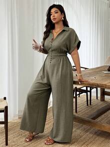 Weeklong Plus Size Women's Spring/Summer Shirt Collar Rivet Decor Elastic Waist Casual Jumpsuit For Vacation & Commute