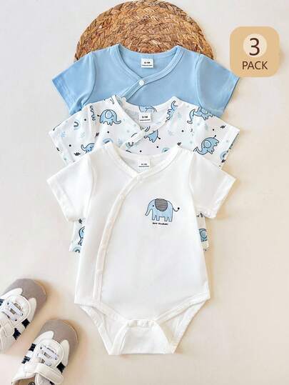 SHEIN 3pcs Newborn Elephant Print Round Neck Snap Crotch Romper, Casual Versatile Jumpsuit Suitable For Outings Or Comfortable Home Wear, Spring/Summer