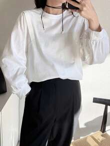 FRIFUL Women's Solid White Cotton Blend Crew Neck Long Sleeve Loose Casual Versatile T-Shirt - White - View 5