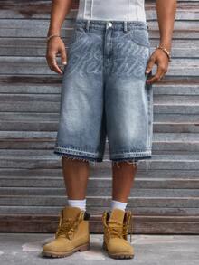 AXEPEAK Men's Washed Denim Shorts With Embroidery, Fashionable - Blue - View 4