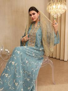 Layrah Elegantes Kleid mit Blumenstickerei und Glockenärmeln, Frühling/Sommer - Taubenblau - Übersicht 2