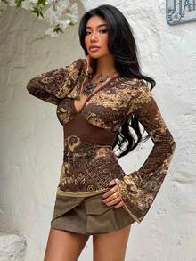 EgrlEra 千禧复古印花透气弹力网纱性感修身女士T恤 - 棕色 - 查看 6