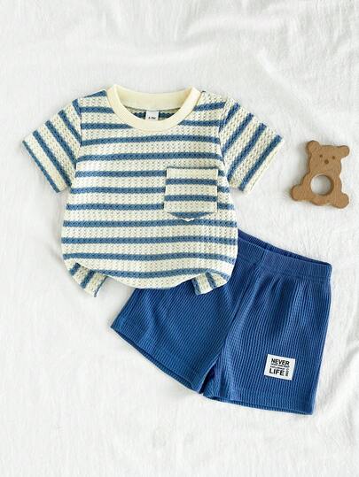 SHEIN Vintaside Kids 2pcs Toddler Infant Baby Boys Fashion Black & White Striped Waffle Knit Fabric Pocket Round Neck Short Sleeve T-Shirt And Black Elastic Waist Letter Patch Shorts Set, Summer