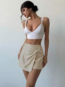 Firerie 女士优雅简约裹身短裙，高腰卡其色不对称下摆修身百搭短裤，休闲度假、教师、海滩度假皆宜 - 卡其色 - 查看 5
