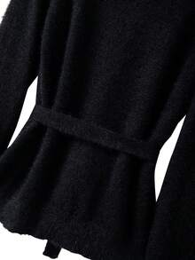 GlowEve CURVE Early Spring New Stylish Design Oblique Placket Metal Button Black Turtleneck Long Sleeve Sweater Paired With Waist Tie Black A-Line Skirt Women Faux Fur Sweater Set