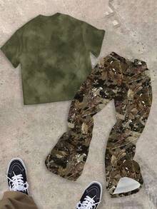 Bộ 2 món cho bé trai tuổi teen: Áo thun cổ tròn và quần ống loe, trang phục mùa hè thường ngày với họa tiết đường phố cổ điển, phong cách Y2K. - Nhiều màu - Xem 2