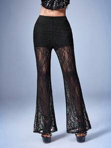 Y2Kool BiGraphic 情人节女士黑色优雅休闲高腰喇叭蕾丝针织裤，千禧年派对，黑色拼接，秋冬款 - 黑色 - 查看 3