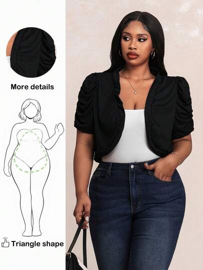 Truni 大码纯色短款夹克，褶裥泡泡袖设计，商务休闲女装