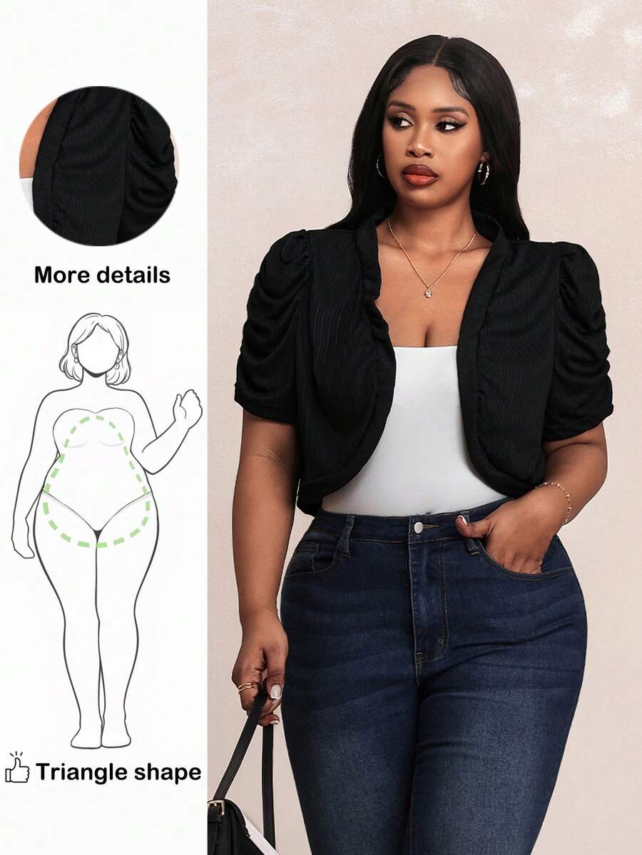 Truni 大码纯色短款夹克，褶裥泡泡袖设计，商务休闲女装 - 黑色 - 查看 1