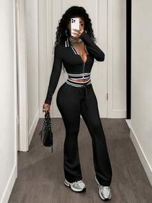 BamGleam Bộ 2 món gồm áo crop top cổ bẻ phối màu tương phản và quần ống loe ôm sát, phong cách thể thao năng động, thường ngày. - màu đen - Xem 8