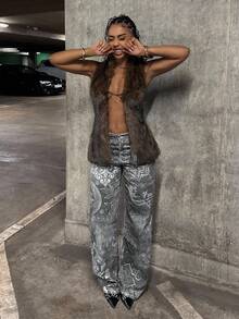 StreetHx Jeans a vita bassa con gamba dritta e stampa floreale, stile streetwear - nero - Visualizzare 3