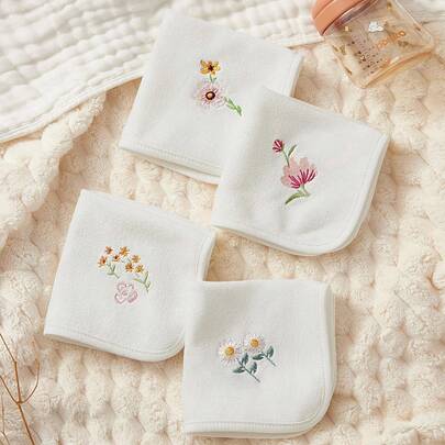 Cozy Pixies 4 Packs Of Baby Embroidered Flowers, Thickened And Highly Absorbent Burp Towels, Easy To Clean And Skin-Friendly, Made Of Towel Material