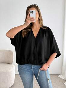 Shapeblank 春夏大码女装，时尚休闲宽松舒适日常基础款，百搭显瘦V领短袖上衣和黑色衬衫，女士衬衫，简约风格，夏季上衣，办公服饰 - 黑色 - 查看 6