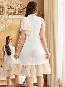 Đầm midi xếp ly thanh lịch cho bé gái tuổi teen, tay phồng thêu ren, đính nơ, màu trắng, thích hợp cho đám cưới, tiệc tùng, lễ kỷ niệm. - trắng - Xem 3