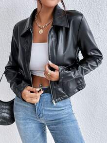 Serisse Women's Solid Color Cool Zip Up PU Jacket Fall Winter Black Casual Black - Black - View 7