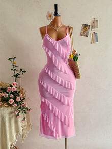 Soleia Đầm dự tiệc cưới phong cách miền Tây, dự lễ tốt nghiệp, tiệc brunch, thích hợp cho mùa Xuân/Hè, đi nghỉ mát, lễ Phục Sinh, các lễ hội âm nhạc, kiểu dáng boho nhiệt đới thanh lịch, ngày Valentine, tiệc tùng, mùa cưới, hở lưng, buộc dây, màu hồng, chất liệu lưới dành cho nữ. - Hồng - Xem 1