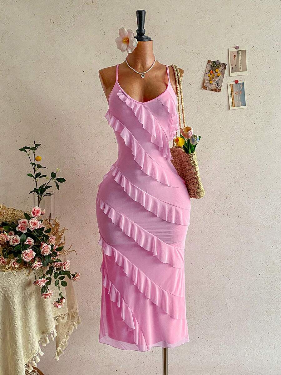 Soleia Đầm dự tiệc cưới phong cách miền Tây, dự lễ tốt nghiệp, tiệc brunch, thích hợp cho mùa Xuân/Hè, đi nghỉ mát, lễ Phục Sinh, các lễ hội âm nhạc, kiểu dáng boho nhiệt đới thanh lịch, ngày Valentine, tiệc tùng, mùa cưới, hở lưng, buộc dây, màu hồng, chất liệu lưới dành cho nữ. - Hồng - Xem 1