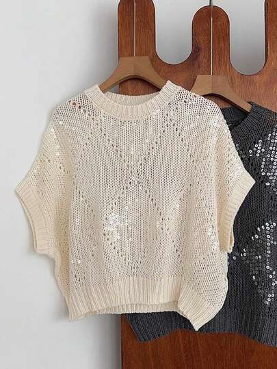 Nubod 2026 Plus Size Women's Fashion Casual Minimalist Versatile Short-Sleeve Round Neck Sequin Peach Sweater For Everyday Wear