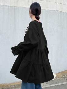 FRIFUL Women's Solid Color Cotton Shirt With Drawstring Collar, Bell Cuffs, Pleated Splice, Loose Casual Versatile Spring Long Sleeve - Black - View 4