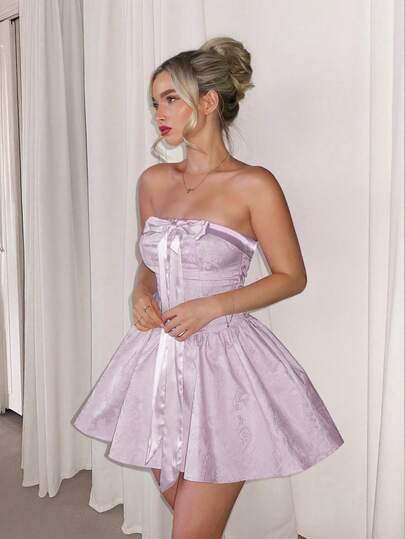 Glamine Charm Satin Patchwork Bow Tie Ribbon Collar Puff Skirt Dress, Princess Style For Date, Vacation, Strapless Mini Dress, Jacquard Fabric