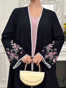 Yasmyna Áo choàng Abaya dài tay dáng rộng thanh lịch dành cho nữ, thêu hoa và ghép mảnh. - màu đen - Xem 2
