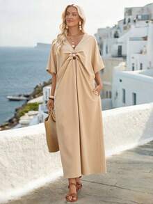 SHEIN Holidaya Robe longue élégante de couleur unie avec col en V et décoration plissée - Kaki - Voir 7